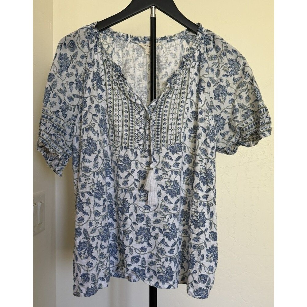 Lucky Brand Women's 100% Cotton Large Peasant Top Floral Tassels Boho Blue White
